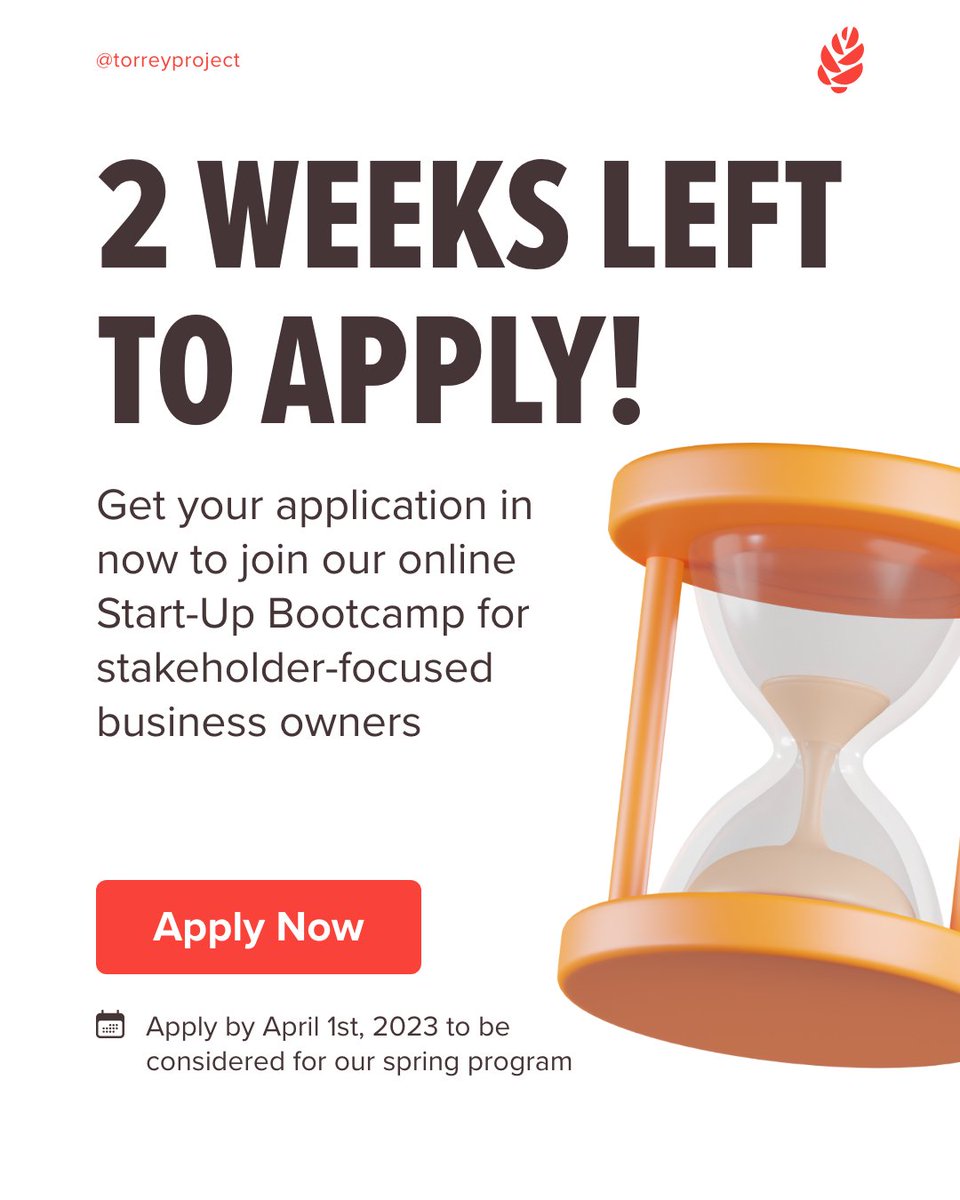torreyproject's tweet photo. There are only 2 weeks remaining to apply to our Start-Up Bootcamp! With expert guidance &amp; support from industry leaders, you'll gain the skills and knowledge you need to take your business to new heights.  

🔗Apply https://t.co/2J54yIiFGx
•⁠
#entrepreneurs #startups #business https://t.co/12SqmMQ9b5