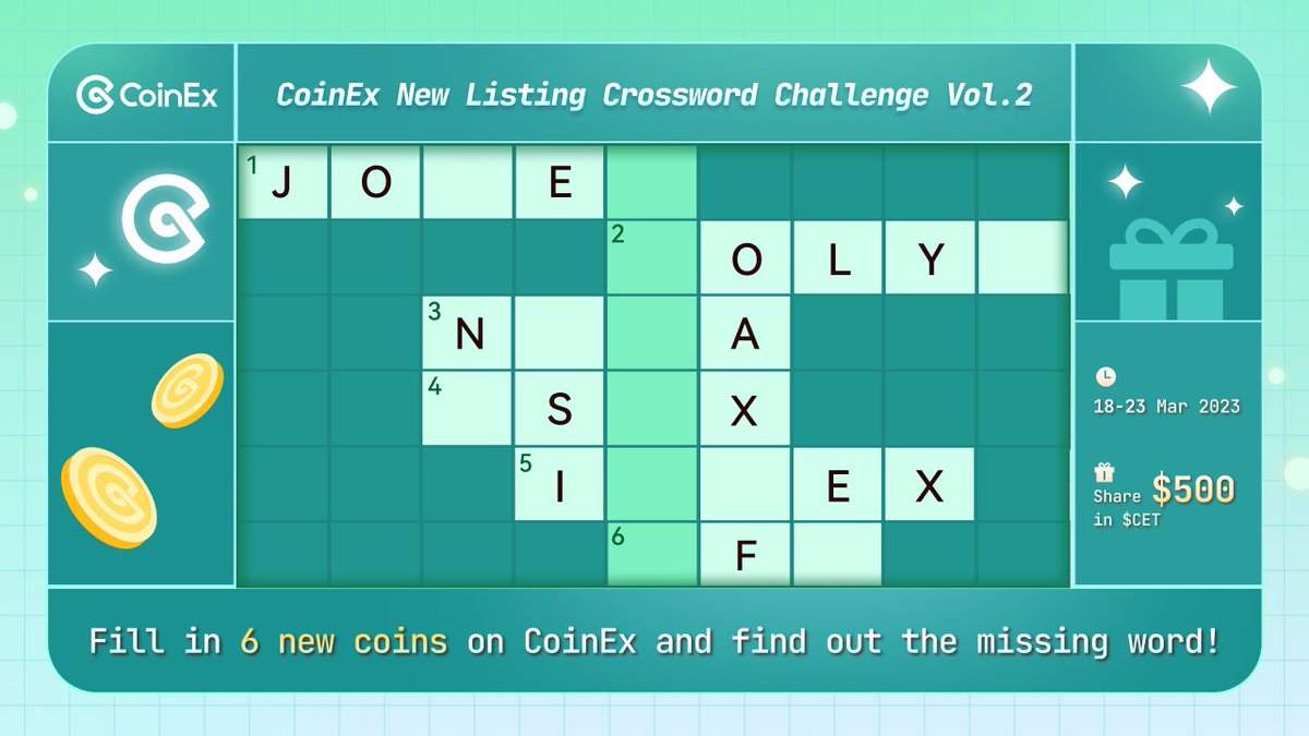 coinexcom's tweet photo. 🚀 CoinEx New Listing Crossword Challenge Vol.2

Fill in 6 new coins and find out the missing word to win $500! 🤩

⏰ 18th - 23rd Mar
🎁 Win up to $500

✅ Follow CoinEx
✅ Like + Rt + Tag 3 friends
✅ Comment your answers
✅ Add #CoinEx #Giveaway

#CoinEx  #Giveaway https://t.co/qpH9VcZBYc