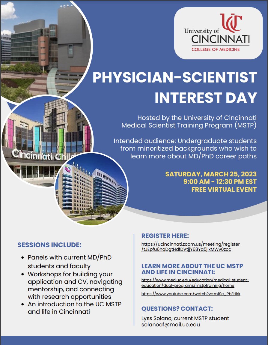 Undergraduate student interested in the MD/PhD career path? Check out our Physician-Scientist Interest Day later this month! 👩‍⚕️🧑‍🔬 #mstp #mdphd #undergrad