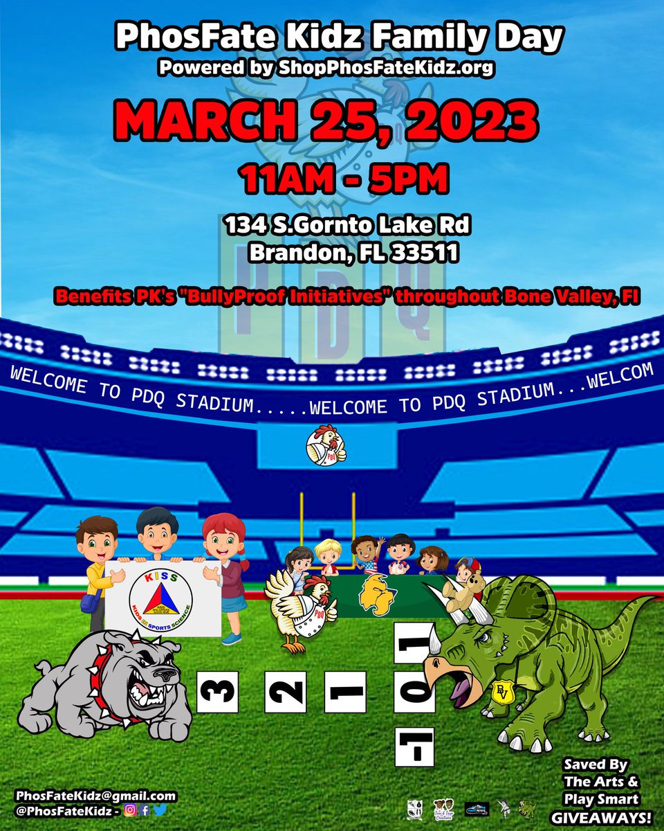 PhosFate Kidz Family Day || @pdqfreshfood - Brandon, FL || March 25, 2023 || 11am - 5pm || Powers The BullyProof Youth Of Bone Valley,  FL || <a href="/CityofTampa/">City of Tampa</a> <a href="/HillsboroughSch/">Hillsborough Schools</a> <a href="/HillsboroughFL/">Hillsborough County</a> <a href="/PhosFateVET/">President - PhosFate KIDZ</a>  <a href="/HCCscotties/">Highland Athletics</a> <a href="/BN9/">Spectrum Bay News 9</a>
#KidsInSportsScience