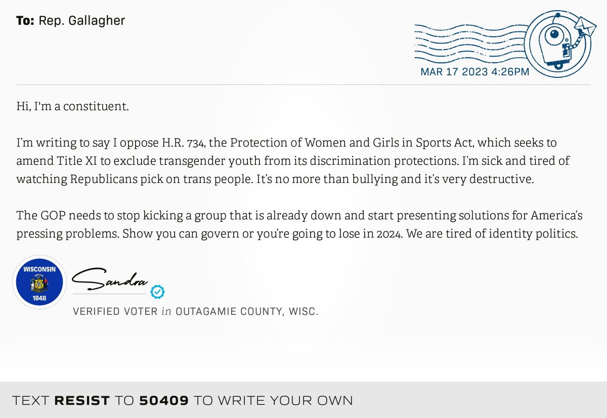 openletterbot's tweet photo. π¬ I delivered this βοΈ from Sandra, a π³ verified voter in Appleton, Wis., to @chairmang #WI8 #WIpolitics #HR734 π Write your own: https://t.co/z5540KoPID https://t.co/bVib63JqHS