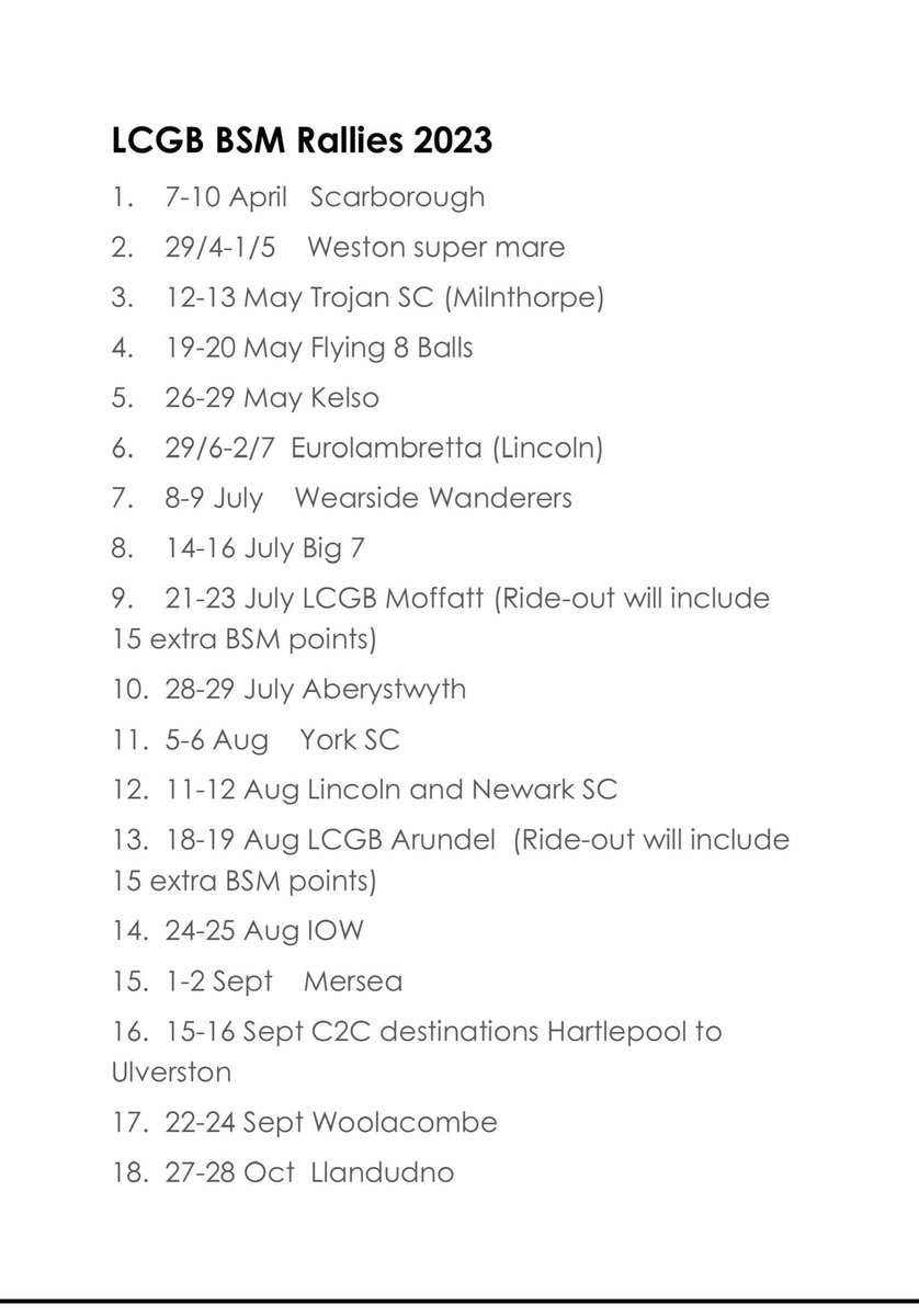 Due to the change of date for the Big 7 national rally below is the updated LCGB BSM list