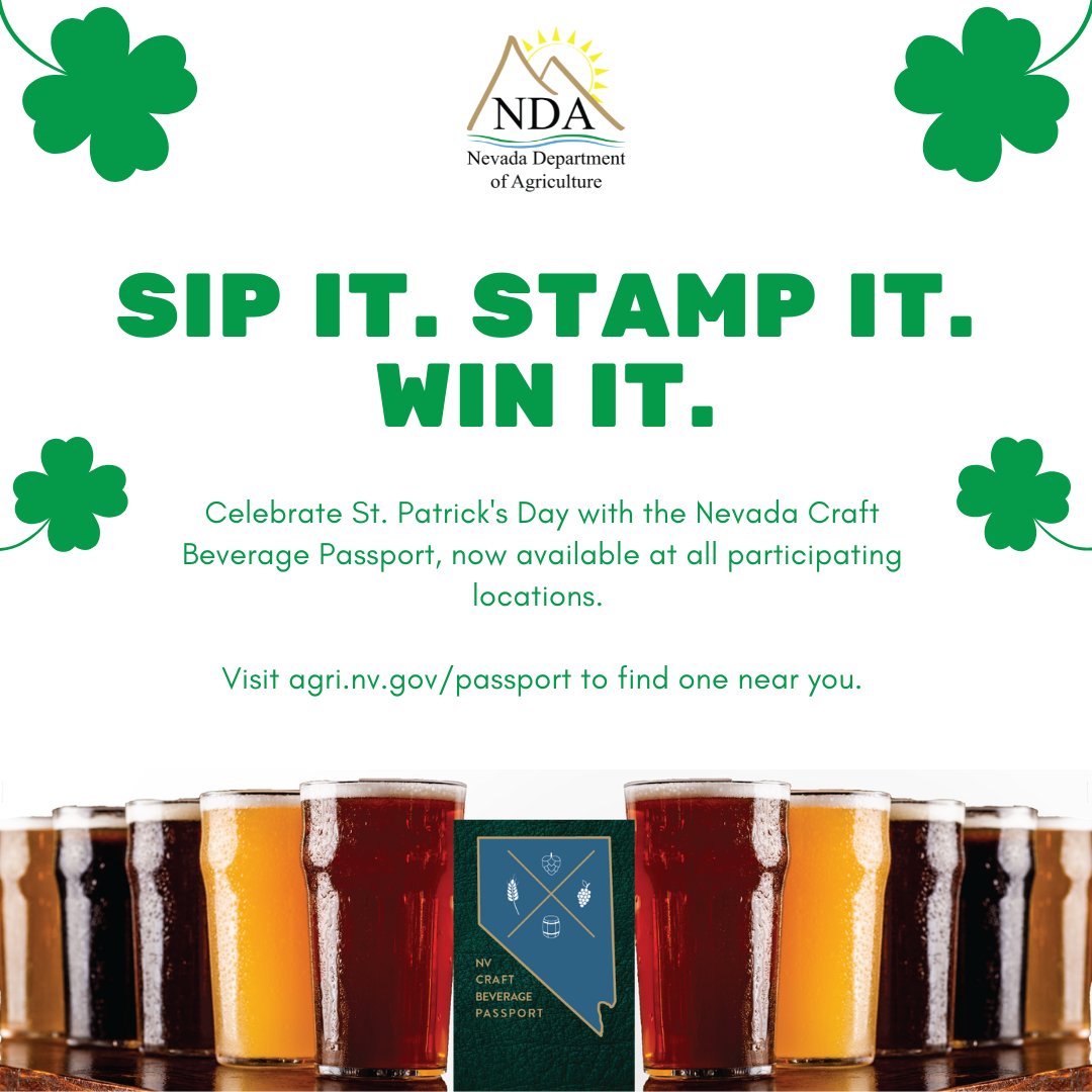 NVAgriculture's tweet photo. Celebrate St. Patrickโs Day with the launch of the 2023 Nevada Craft Beverage Passport! Visit any of our 44 participating locations throughout the state to pick up a passport, sip, stamp and win. Find one near you at https://t.co/VQvxzgxKG9. https://t.co/TxuzCBAKec