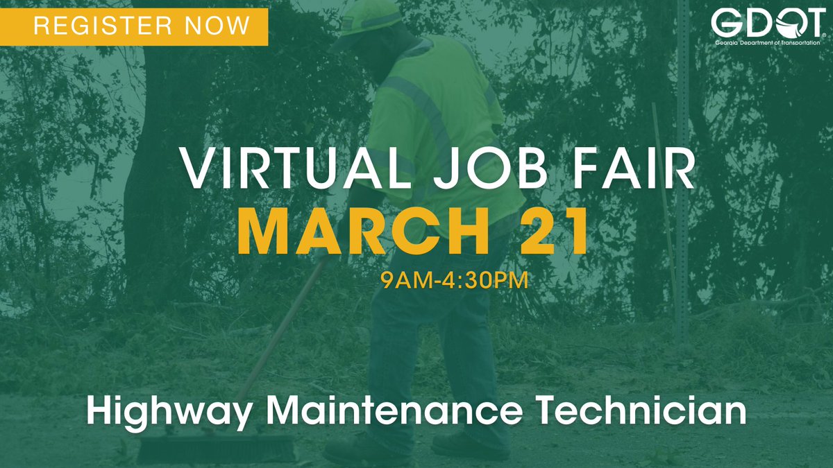 Looking for a new career opportunity? GDOT is partnering with Indeed.com to host a virtual job fair on 3/21 for Highway Maintenance Technicians.  
Join our team to help keep motorists and roadways safe.  Register now at indeedhi.re/3ZP3b09   #ExperienceGDOT