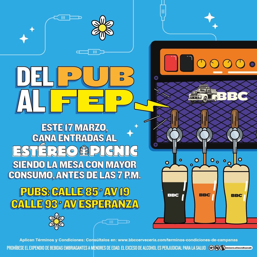 ¿Quieren ir al #EstéreoPicnic2023? Los esperamos hoy en estos Pubs BBC. 😎✨🎶 

Consulta términos y condiciones. ➡️ bbccerveceria.com/tyc-boletas-fe…