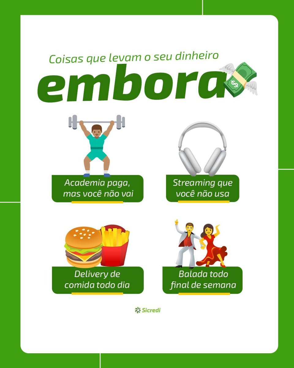 sicrediparque's tweet photo. Quais dessas coisas está levando o seu dinheiro embora todo mês? 🫠 Faça essa reflexão e aproveite pra rever todos os gastos desnecessários que podem afetar o seu orçamento. Uma boa opção é utilizar esse dinheiro pra investir na reserva de emergência. Fica a dica. 😉 https://t.co/P9UNZzeM0N