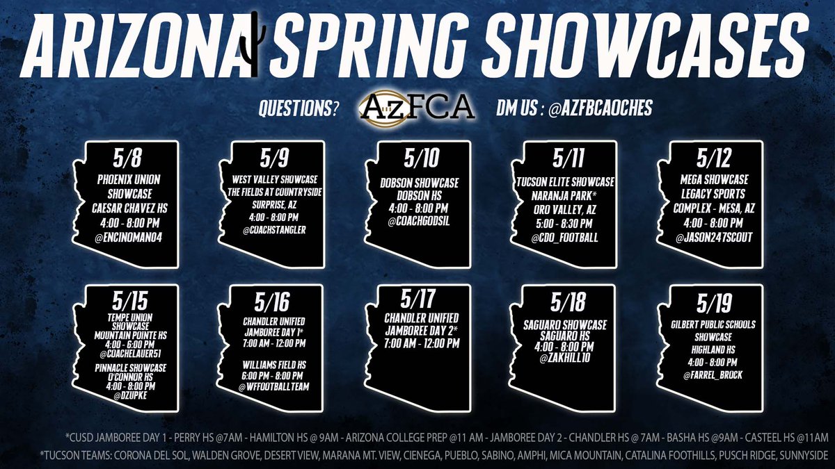 AZ SPRING SHOWCASES!☀️🔥

For the college coaches asking for schools participating, see the thread below❗️⬇️

#RecruitAZ🌵| #AzFCA🏈