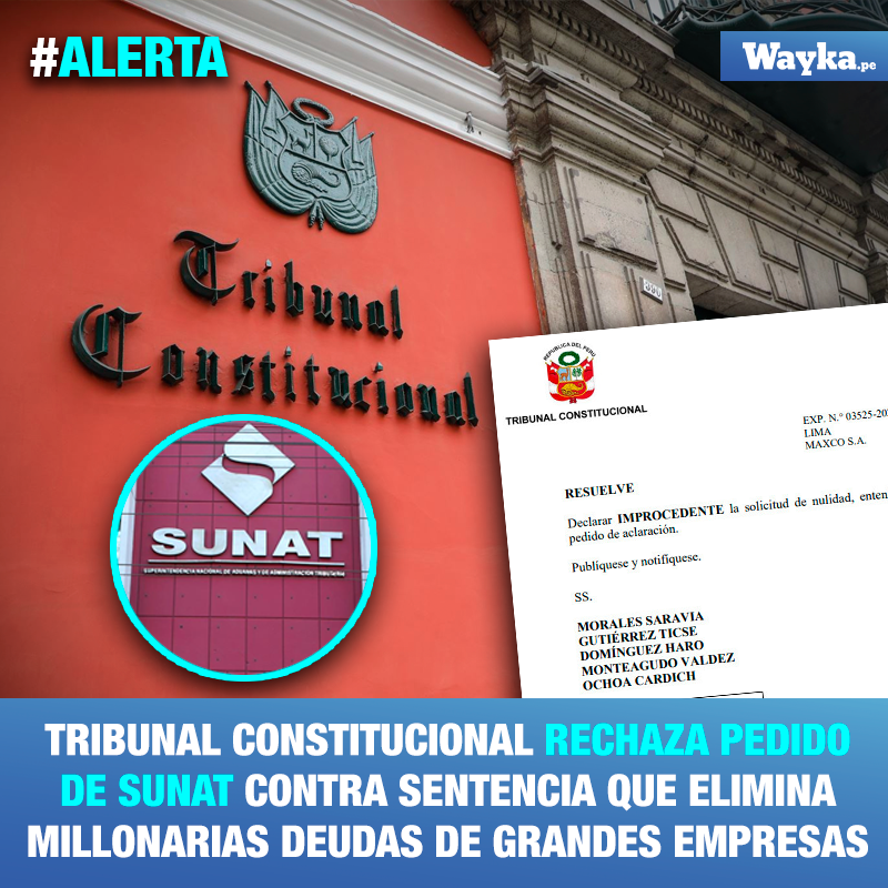 WaykaPeru's tweet photo. 🔴 #LoÚltimo | El Tribunal Constitucional rechazó el pedido de nulidad presentado por la @SUNATOficial contra la sentencia que elimina los intereses moratorios de las deudas tributarias en litigio. Asimismo, el órgano supremo también desestimó el pedido de aclaración presentado por el @MEF_Peru  que solicitaba al @TC_Peru reconsiderar esta decisión que, según esa institución, además de afectar la política tributaria, también afecta a la ciudadanía.