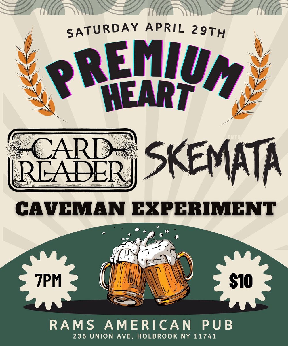 PremiumHeartNY's tweet photo. We're taking a break from writing to share the stage with our BFFs in Card Reader, Skemata, and Caveman Experiment at Ram's Pub in Holbrook!!!

You might get to hear some of the VERY NEW and GOOD stuff! There ain't nothing like a CR/Skemata show and it's gonna RULE! https://t.co/BPvwLUNwtW