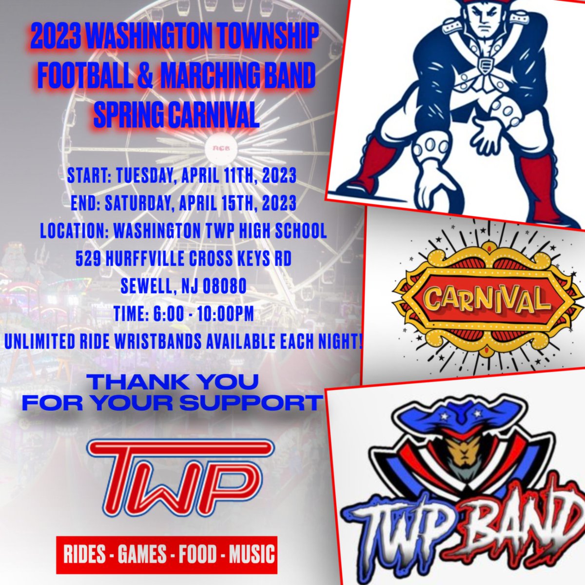 WTHSMinutemen's tweet photo. Spring Carnival!!! Washington Township Football &amp; Marching Band will be holding the annual Carnival at Washington Twp High School from Tuesday, April 11 - Saturday, April 15th from 6-10PM! Unlimited ride wristbands are available each night!  Food - Rides - Games - Prizes &amp; More! https://t.co/1EaVwPhypU