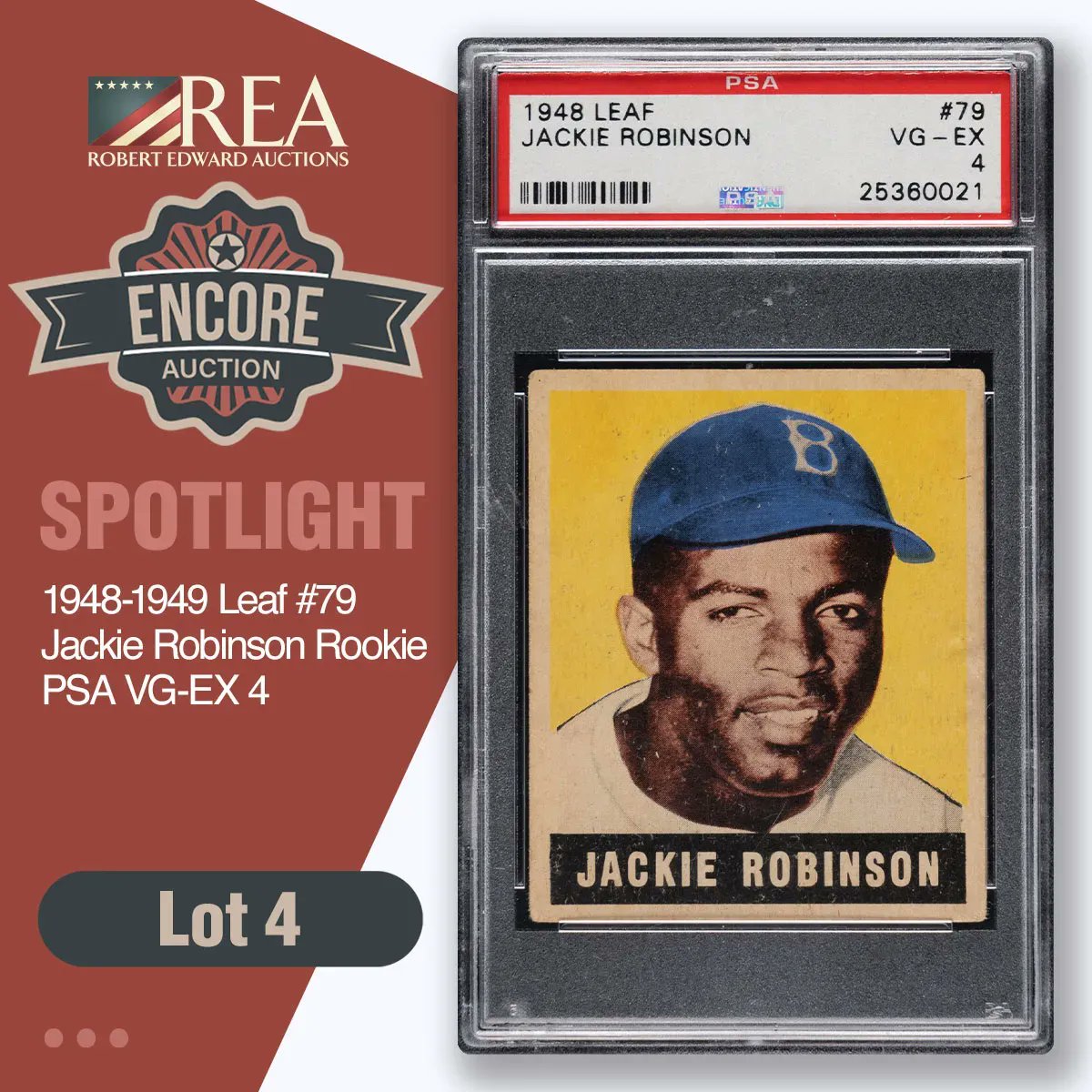 collect_rea's tweet image. Encore Auction Spotlight: Lot # 4: 1948-1949 Leaf #79 Jackie Robinson Rookie PSA VG-EX 4. Bid Now: buff.ly/3LkZevH
@reaonline @psacard #baseballcards #leafcards #thehobby #auction #baseballcardcollector #collector