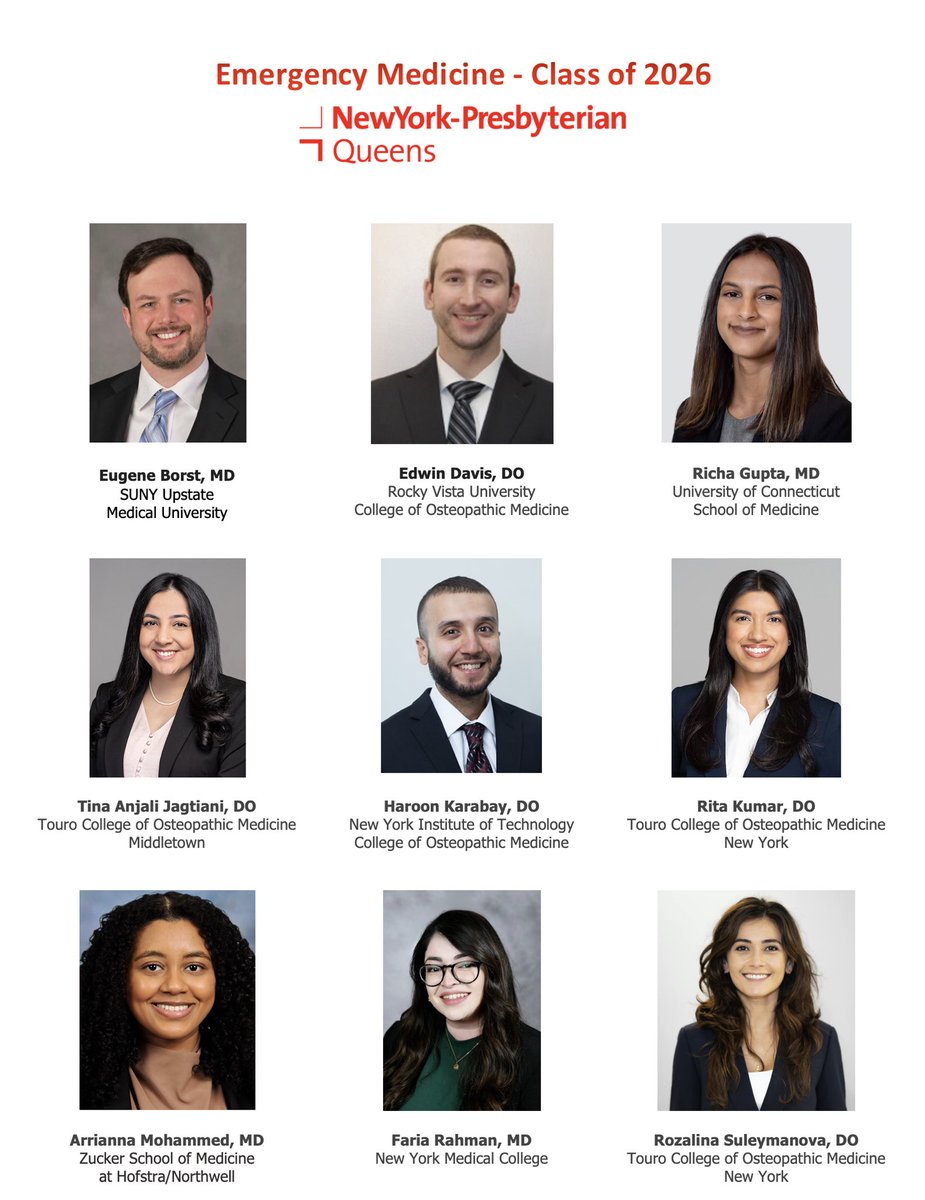 After an incredible interview season and an unprecedented Match for EM, I’m extremely proud to announce our newest additions to the NYPQ EM Family. Welcome Class of 2026. What an amazing new group of trainees 🥰 
<a href="/NYPQ_EM/">New York Presbyterian Queens, Emergency Medicine</a> <a href="/Dr_Manisharma/">Dr. Manish Sharma</a> <a href="/QueensMedEd/">Medical Residency Programs of Queens</a> <a href="/CXPan55/">Cynthia X Pan</a>
#nypqem #classof2026