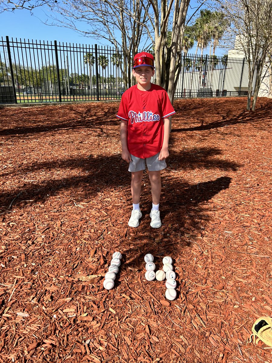 JamesPhillies37's tweet photo. Annual Clearwater Spring Training  Trip……Landon set a new personal record of getting 14 balls during BP from Phillies and Tampa players…plus Stott, Castellanos, &amp; Harrison autographs. Thanks @Phillies https://t.co/fxq60Rjc1j