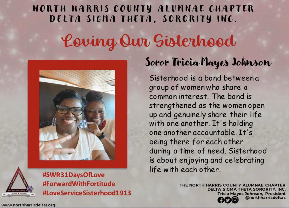 NHCACDST's tweet photo. The President of the North Harris County Alumnae Chapter would like to share her meaning of Sisterhood.
Happy Sisterhood Month❤️
#SWR31DaysOfLove
#ForwardWithFortitude
#LoveServiceSisterhood1913
#NorthHarrisDeltas https://t.co/2nUKWFB5o6