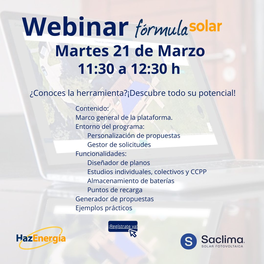 ¿Conoces la herramienta #formulasolar?
Descubre todo su potencial el marte de 11,30h a 12:30 en un webinar en el que nuestros compañeros de <a href="/HazEnergia/">HazEnergía</a> nos hablaran de esta plataforma para el diseño de instalaciones de autoconsumo.

➡ ¡Regístrate ya! attendee.gotowebinar.com/register/66233…