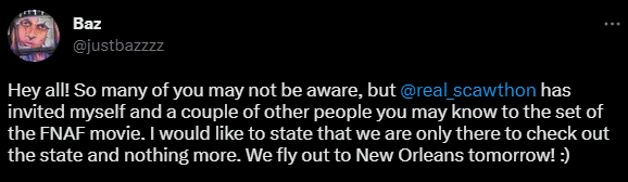 JonnyBlox's tweet photo. YouTubers Dawko, 8-BitRyan, Razzbowski, and Bazamalam have been invited by Scott Cawthon to vlog on the set of the upcoming 'FIVE NIGHTS AT FREDDY'S' film!

It seems they're traveling purely to sightsee and nothing more.
#fnaf #fivenightsatfreddys #fnafmovie https://t.co/avTRproE3b