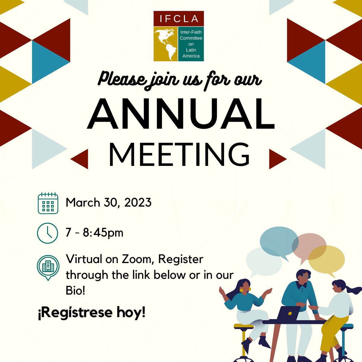 ifcla's tweet photo. Don’t miss our Annual Meeting on March 30, from 7-8:45pm! This virtual event will serve as a space to celebrate all of the things we accomplished together in 2022; upcoming 2023 efforts; and exciting changes at IFCLA. Register today! https://t.co/eIJy3yQYuR https://t.co/4mweczjPPb