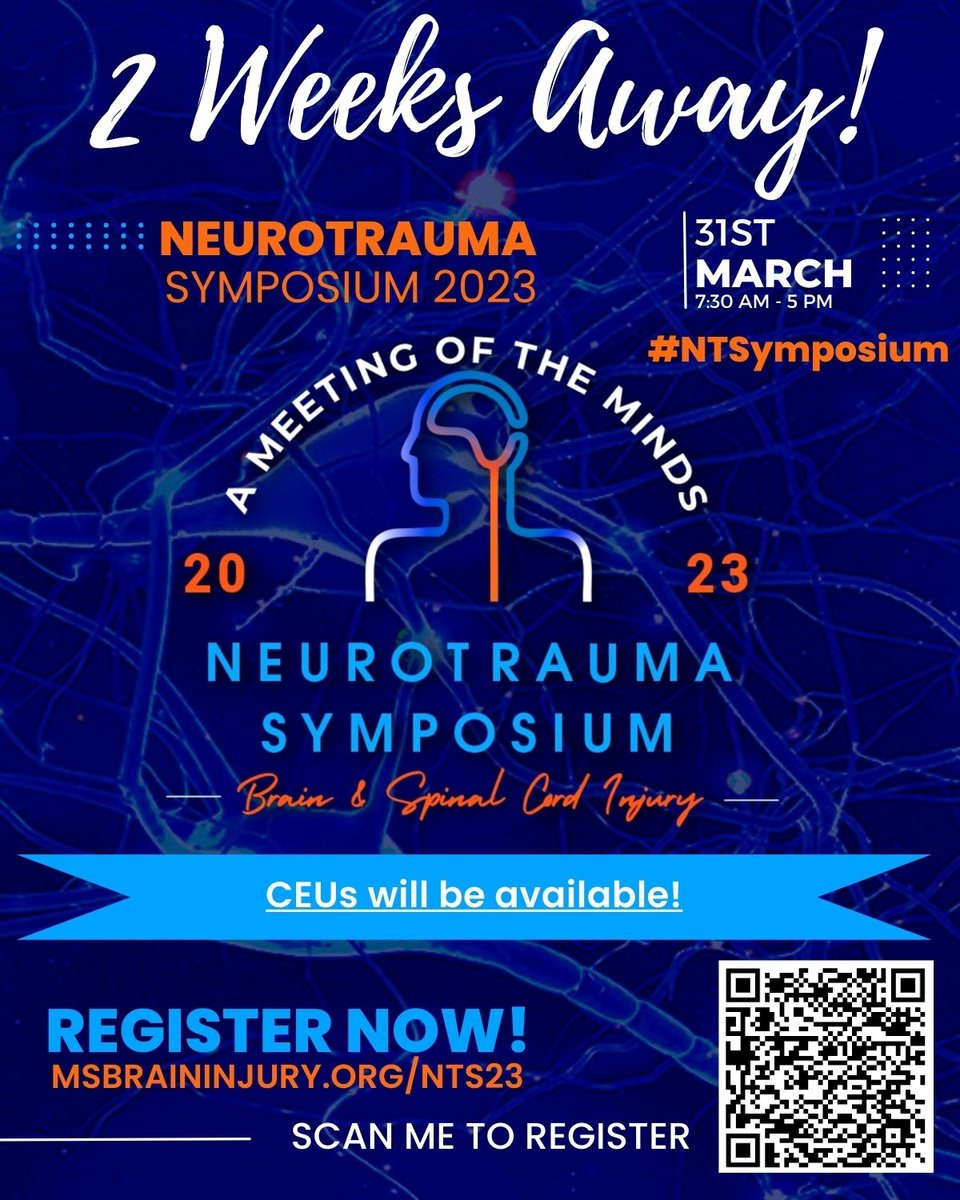 MSBrainInjury's tweet photo. The NeuroTrauma Symposium 2023 is just two weeks away! 
8+ hours of CEUs available!
March 31st at the Westin Jackson

Register now at:
https://t.co/NU1n5CV62y

#NTSymposium https://t.co/9jaHJujJPu