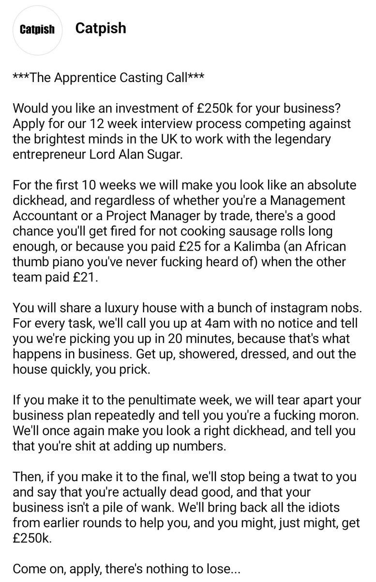 catpish1's tweet photo. #TheApprentice #CastingCall https://t.co/hJMVTT5lMp