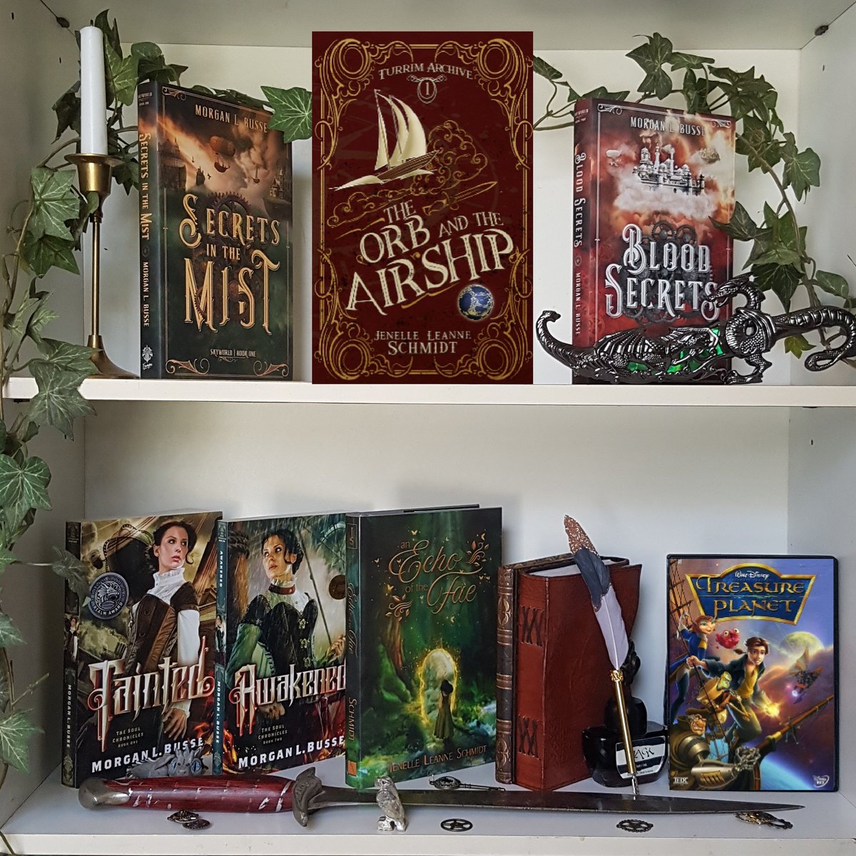 #Airships, anyone? 👀 Pic 2/3. In honor of The Orb and the Airship by <a href="/JenelleLSchmidt/">Jenelle Schmidt</a> (86% funded on #Kickstarter, 4 days to go!), have some gorgeous books by <a href="/MorganLBusse/">Morgan L. Busse</a>! And Treasure Planet. Because of course #TreasurePlanet. #rattlethestars 💫💚 kickstarter.com/projects/jlsch…