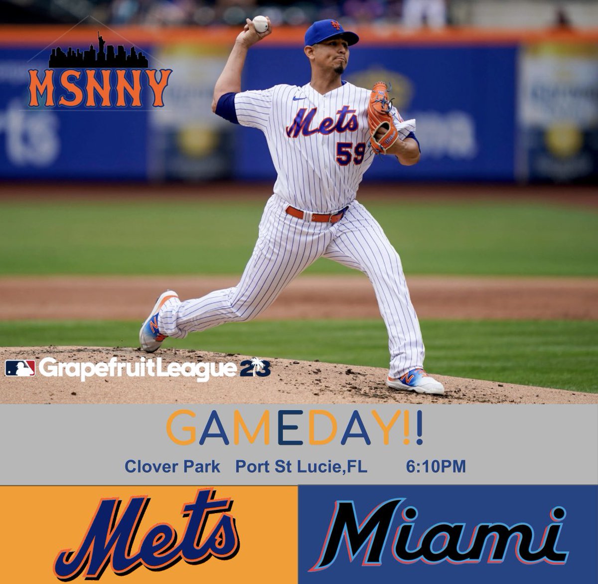 MSNlgm's tweet photo. Gameday!-The Mets play the Marlins at 6:10PM LGM🟠🔵🟠🔵 #LGM #MetsVsMarlins #MLB #Baseball #NYC #Sports #Florida #SpringTraining2023 #CarlosCarrasco #LetsGoMets https://t.co/FZY9IMqnNM