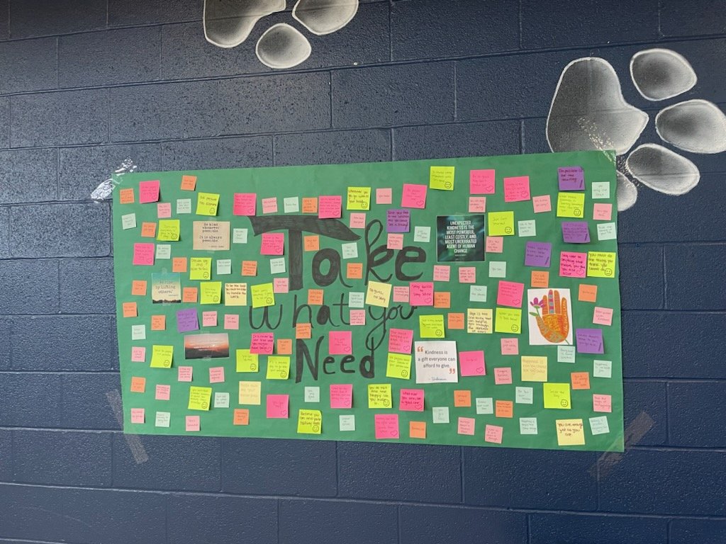 Last day of #SaySomethingWeek at  THS! To recap, we completed our paper chains on Who's With me Wednesday, Trusted Adult Thursday staff posted in their classrooms why they are a trusted adult, and lastly, we created a 'Take What You Need' wall! #SaySomethingSavesLives @sandyhook