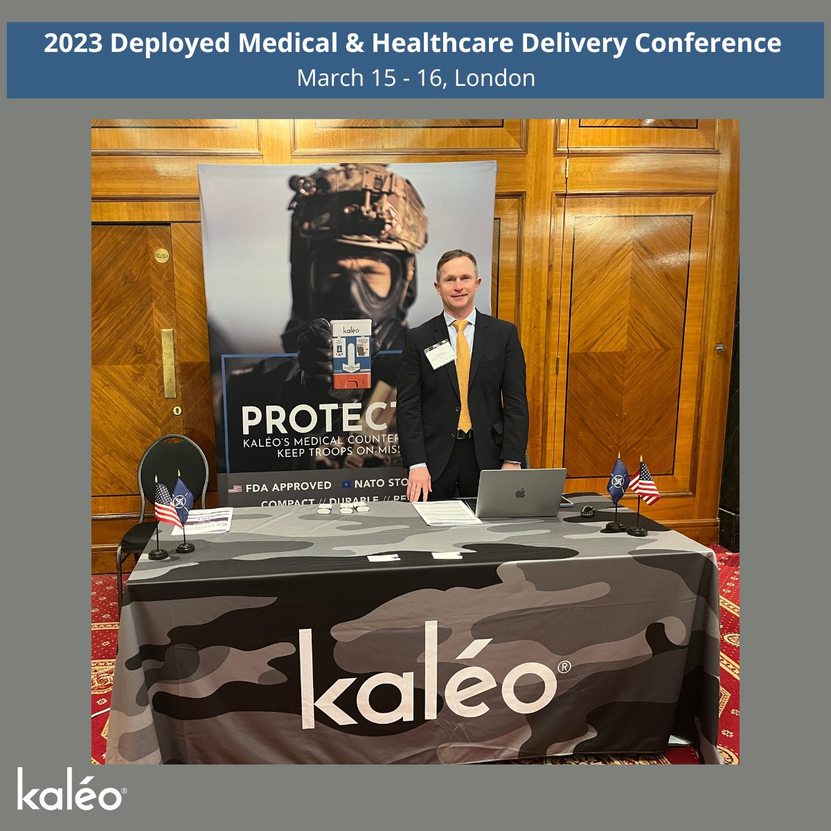 kaleo's tweet photo. Mark Herzog of our Government Sector business unit was in London this week representing Kaléo at the Deployed Medical &amp; Healthcare Delivery Conference. Visitors learned about our #medicalcountermeasures designed to keep troops on-mission. #DMHD2023 #CBRN #Defense https://t.co/E4wkZADsPd