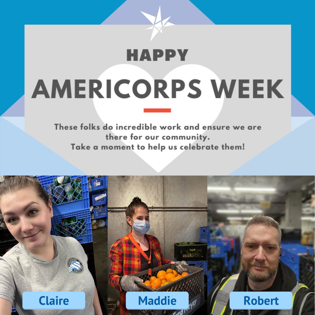 Today we’d like to celebrate three of our wonderful teammates for AmeriCorps week!

Please join us in celebration of Claire, Maddie, and Robert! Together they fill the roles of: Home Delivery Coordinator (Claire), Volunteer Coordinator (Maddie), and Food Bank Coordinator (Robert)