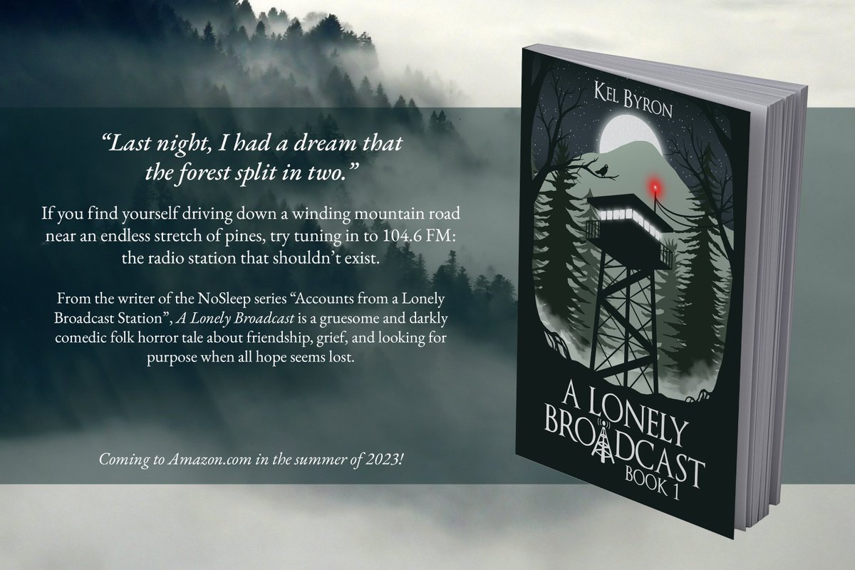 🌲THIS IS A FOG WARNING👁️
Cover reveal!
The first book in a trilogy, 'A Lonely Broadcast' tells the story of three offbeat radio station employees in an Appalachian village who get caught up in a conspiracy of eldritch proportions.  
Coming this summer!