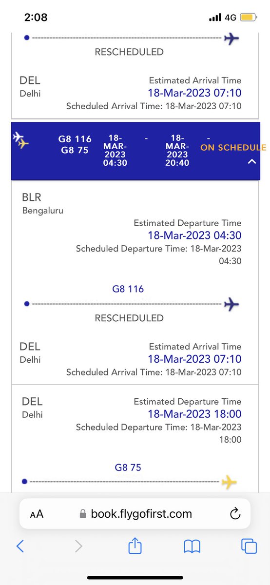 hungrypassport's tweet photo. @GoFirstairways @DGCAIndia Anyone can help me with the flight timings for G8 116 on app it is showing 4:30 Departure and on screen at airport it’s showing 6:05, creating lot of confusion https://t.co/ybhqjREjKI