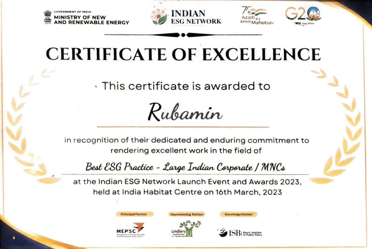 PurohitBhuwan's tweet photo. Rubamin awarded “Certificate of Excellence 2023 for Best ESG Practices - Large Indian Corporate / MNCs” by Indian ESG Network at a ceremony held at IHC, New Delhi. @RubaminGroup #Sustainability #ESG #CircularEconomy @GPCB_HO @icgujarat https://t.co/YscF6ZV0RJ