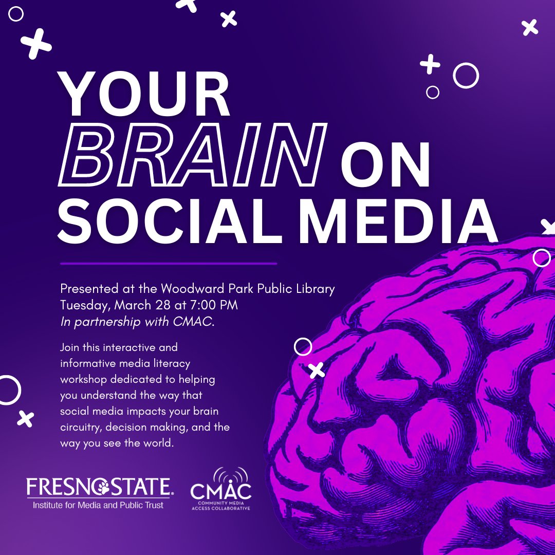 jboren4507's tweet photo. Feeling like you need more tools to deal with those pesky social media platforms? Join us at 7 p.m. March 28 at the Woodward Park Library for a free #medialiteracy workshop. This event is sponsored by @Fresno_State's Institute for Media &amp; Public Trust, 
@CMACTV and @FSMCJDept. https://t.co/oAQH6PjJ07