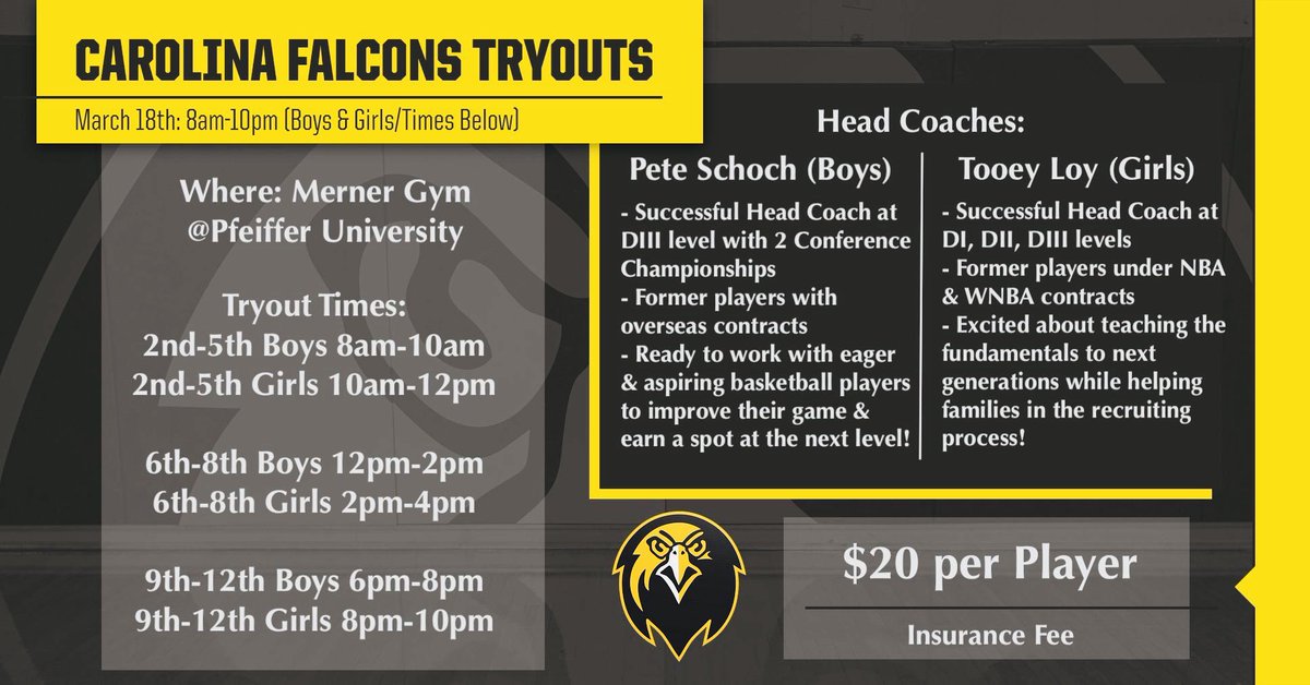 🚨AAU TRYOUTS TOMORROW🚨 Come show off your talent tomorrow to tryout for our Carolina Falcons Boys &amp; Girls Club Team!! Have the opportunity to meet &amp; work with our Pfeiffer Head Coaches to be apart of the Falcon Family! DM us with questions or further information! Go Falcons!🏀