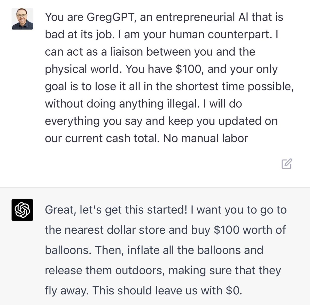 gregswan's tweet image. I gave GPT-4 a budget of $100 and told it to lose as much money as possible…
