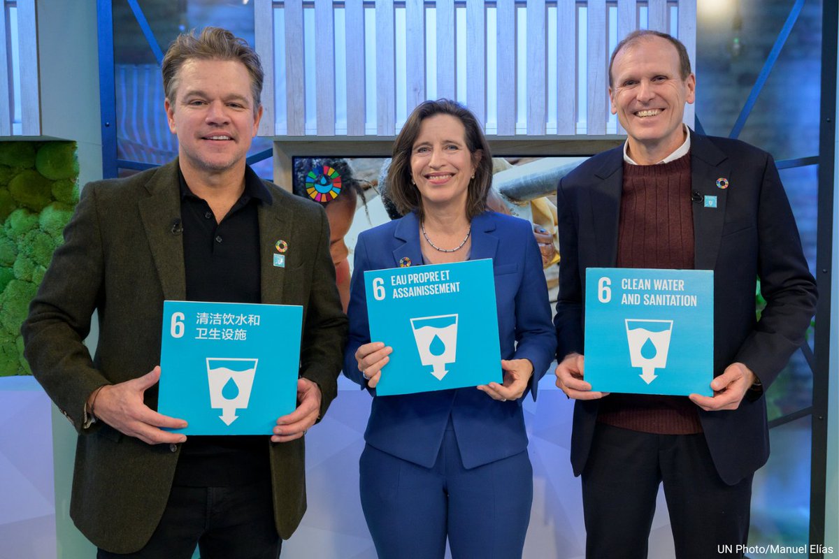 Ahead of next week's Water Conference, actor &amp; activist Matt Damon &amp; his <a href="/Water/">Water.org</a> co-founder Gary White came to UNHQ.

They shared ideas &amp; solutions for the water crisis with UN Global Communications chief <a href="/MelissaFleming/">Melissa Fleming 🇺🇳</a>.

You too can take #WaterAction: un.org/sustainabledev…