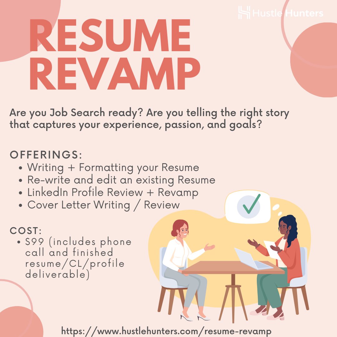 In need of a resume revamp?!

SCHEDULE TIME WITH US: hustlehunters.com/resume-revamp

#HustleHunters  #dei  #staffing #JobRecruiter #Recruiter #Employeeexperience #Employee #WorkingMom  #FlexibleWorking  #WorkingMomLife  #startup #diverseteams #techjobs #hiring #jobsearch