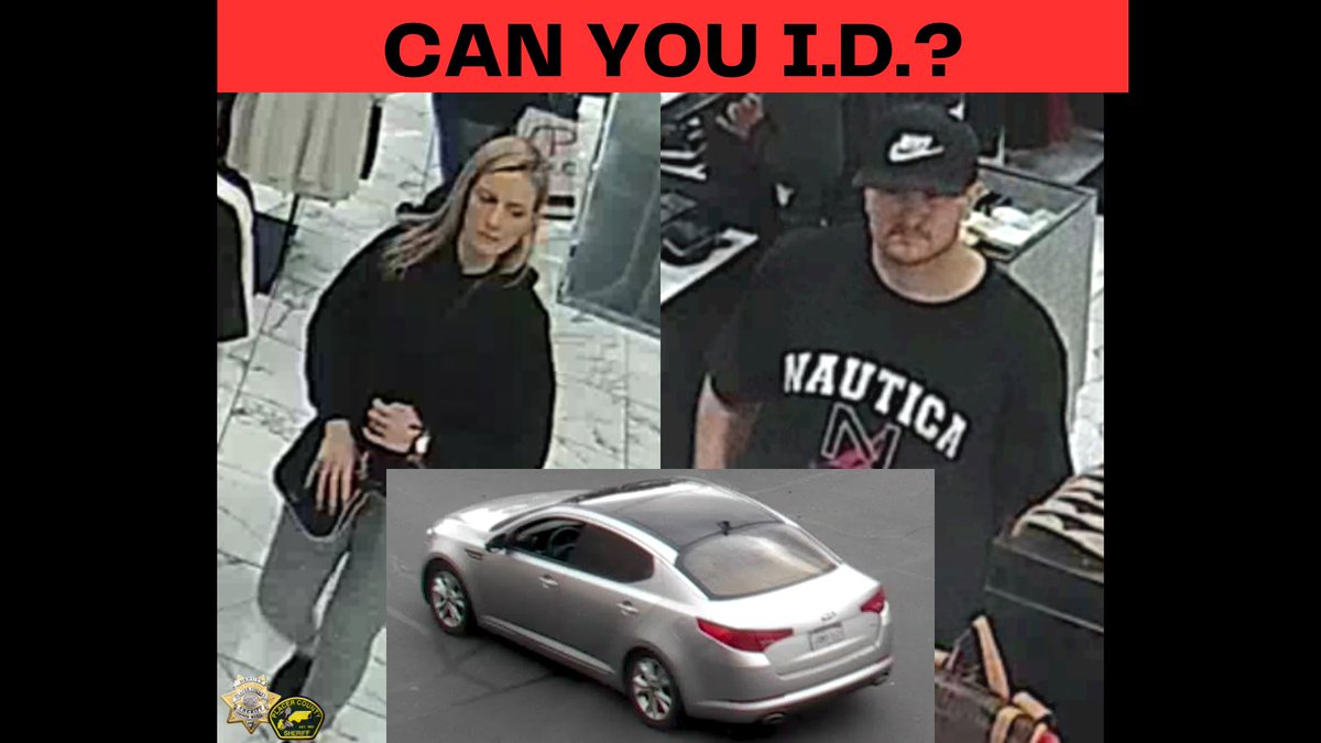 Do you recognize the male&amp;female pictured below? This pair used a stolen credit card to go shopping at Arden Fair Mall&amp;Roseville Galleria on 1/10, charging just over $3k to the card. If you have any info, please contact Detective Crawford (916) 652-2423. #PCSO #PlacerCounty