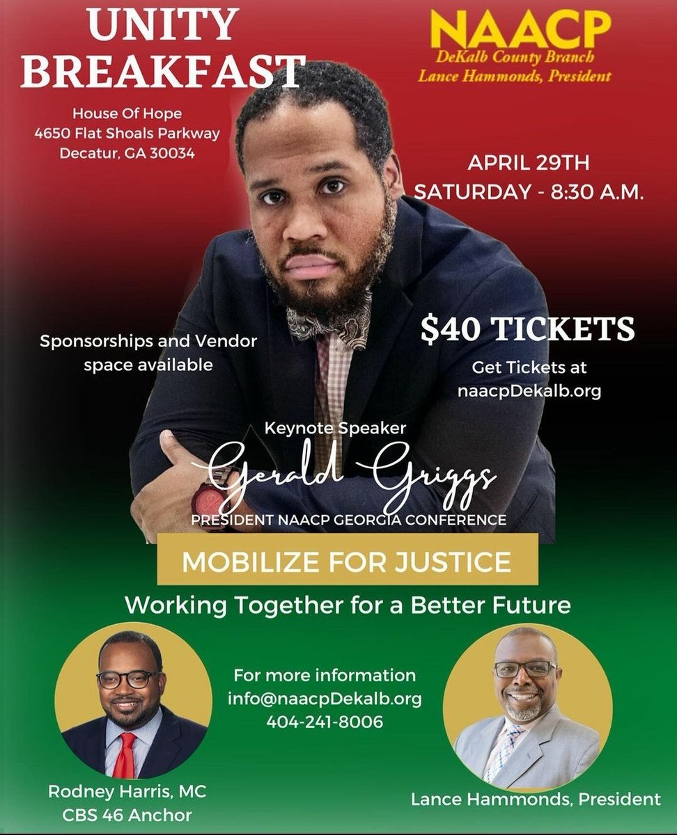 NAACP DeKalb County Branch Unity Breakfast. Tickets are available at:
naacpdekalb.org/store/2023-Uni…
#NAACP #GEORGIANAACP
#DeKalbCountyGeorgia