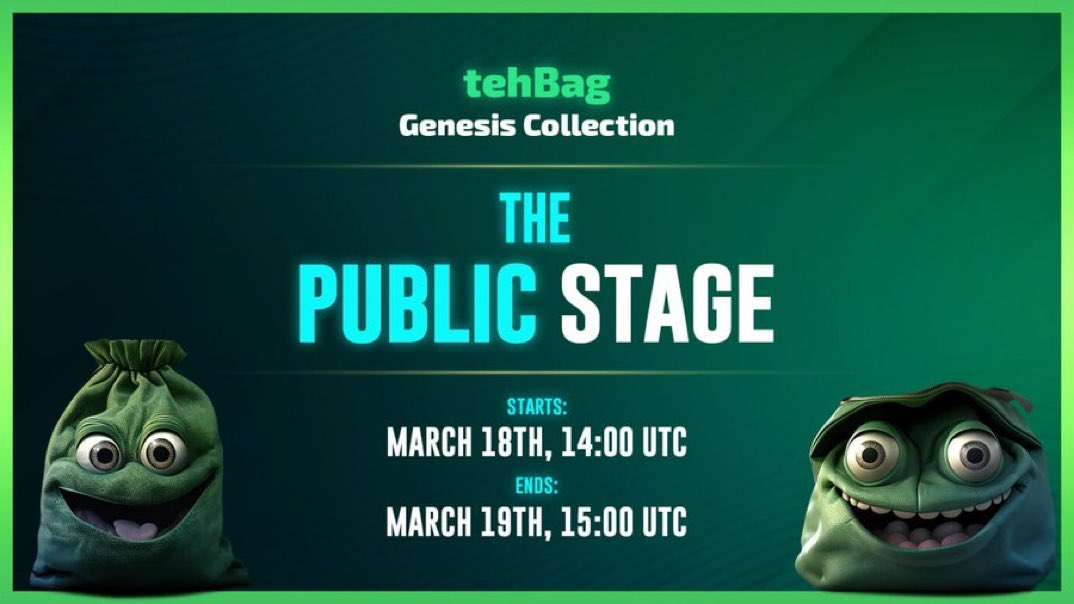 optimussopt2's tweet image. 💫 #tehBag NFT Public sale will begin on the 18th of March, at 14:00 UTC! 💫

After our FCFS round was sold out in less than 30 seconds, it is now time for the final, public round!

⭐️No WL is needed, everyone can participate.
⭐Be fast! first come first serve