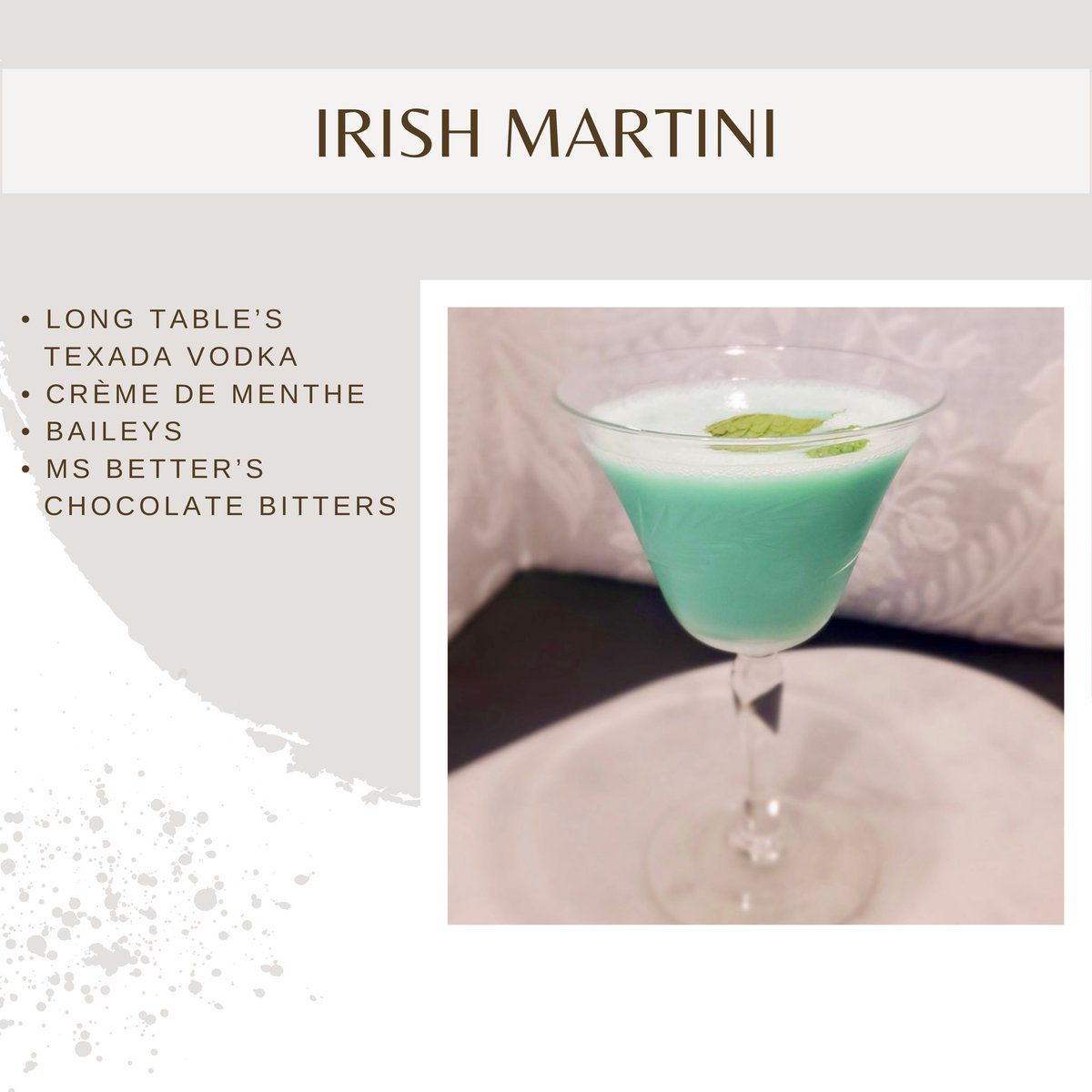 LongTableDistillery (@lt_distillery) on Twitter photo The prettiest cocktail we ever did see 💚
Made with:
•1.5oz Long Table’s Texada Vodka
•1oz <a href="/McGuinnessMix/">McGuinnessMixables</a> Crème de Menthe
•0.5oz Baileys
•A little of <a href="/bettersbitters/">Ms. Betters Bitters</a> Chocolate Bitters
#longtabledistillery #stpatricksday #stpaddysday #greencocktail #greendrink #yvr The prettiest cocktail we ever did see 💚
Made with:
•1.5oz Long Table’s Texada Vodka
•1oz <a href="/McGuinnessMix/">McGuinnessMixables</a> Crème de Menthe
•0.5oz Baileys
•A little of <a href="/bettersbitters/">Ms. Betters Bitters</a> Chocolate Bitters
#longtabledistillery #stpatricksday #stpaddysday #greencocktail #greendrink #yvr
