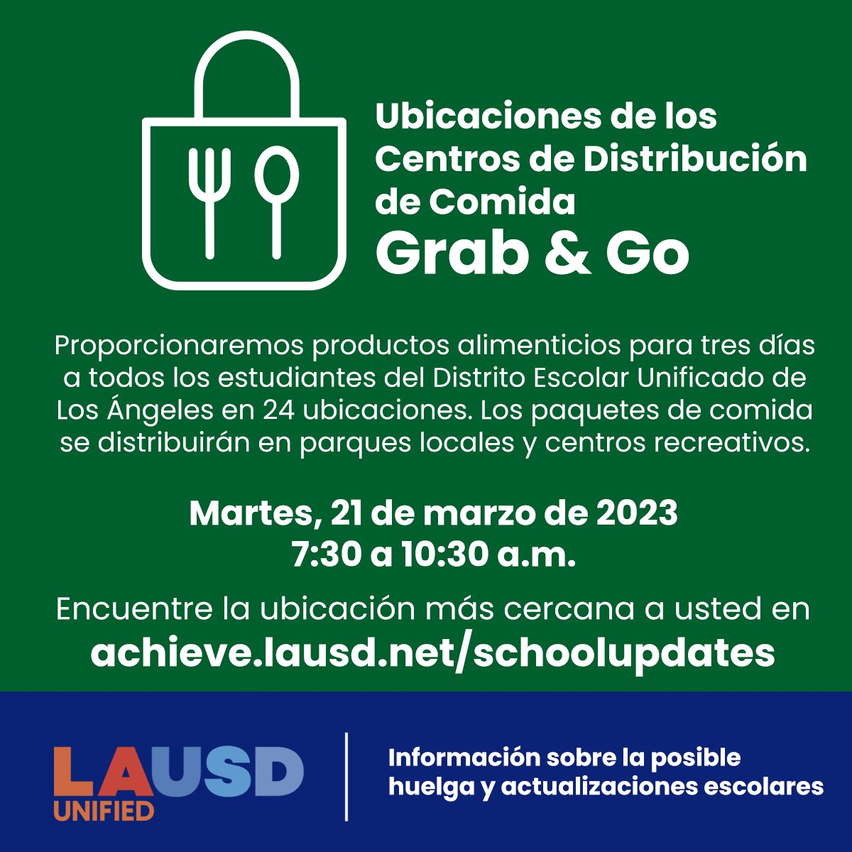 El martes, 21 de marzo, se darán tres días de comidas a todos los estudiantes de <a href="/LASchools/">Los Angeles Unified</a> en 24 parques locales y centros de recreación en todo el Distrito. Para el Centro de Distribución de Comida Grab &amp; Go cercano a usted, visite achieve.lausd.net/schoolupdates.