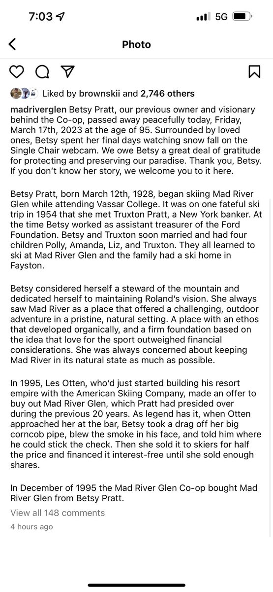 An amazing post from <a href="/MadRiverGlen/">Mad River Glen</a> honoring co-op founder Betsy Pratt, who passed away today at age 95. That last paragraph is goddamn gold. RIP GOAT of New England soul. Skiing needs MRG. New England needs MRG. You preserved it as the legend it is. <a href="/ski_vermont/">Ski Vermont</a>