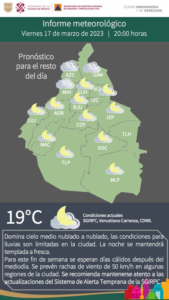 SGIRPC_CDMX's tweet photo. Esta noche domina el cielo medio #nublado, las condiciones para #lluvias son limitadas. La noche se mantendrá #templada a #fresca. #PronósticoDelTiempo #LaPrevenciónEsNuestraFuerza https://t.co/bF54wHsApJ