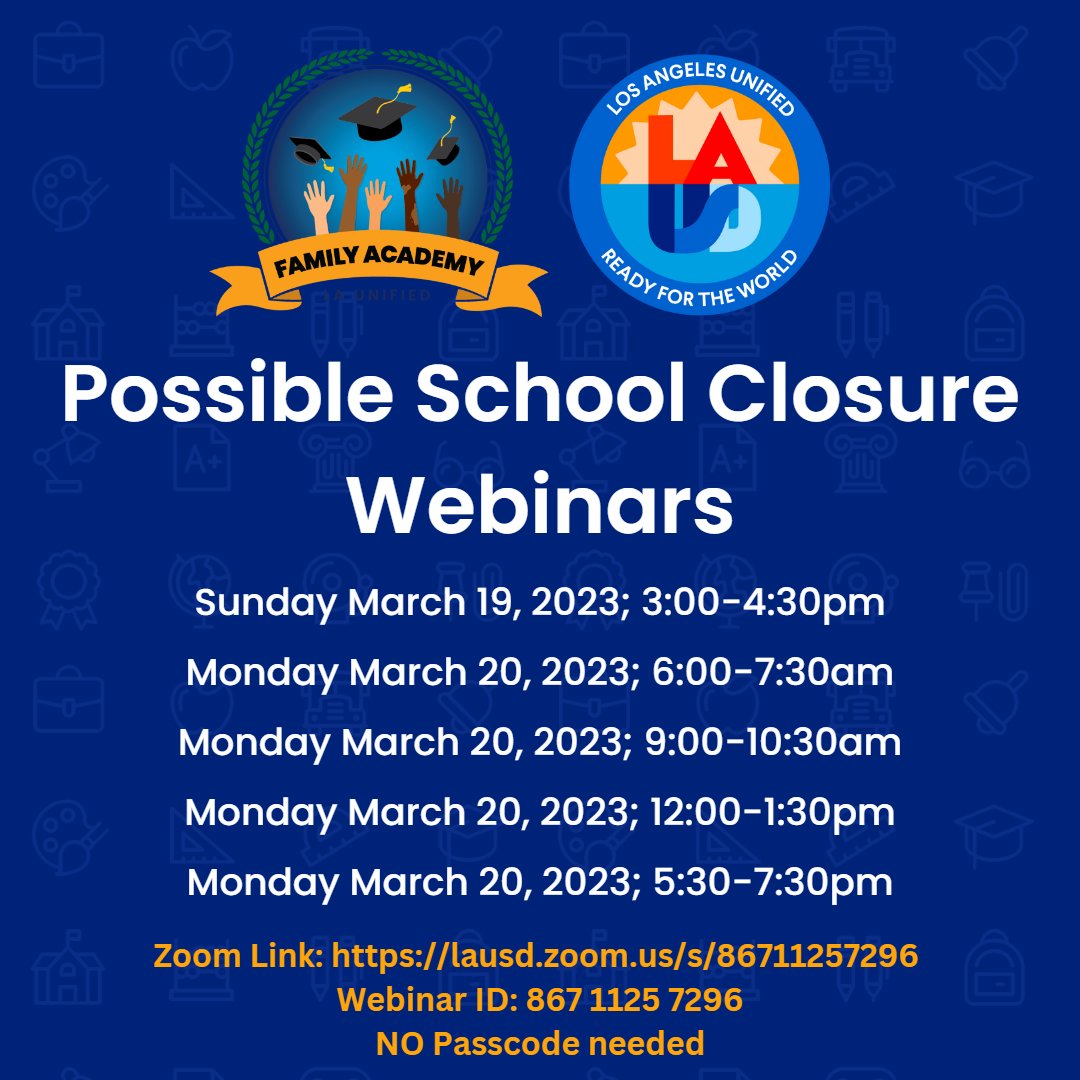 Students and families, in preparation for possible school closures on 3/21-3/23, the <a href="/LASchools/">Los Angeles Unified</a> Family Academy invites you to learn about the Family and Student Resource Guide. lausd.zoom.us/s/86711257296