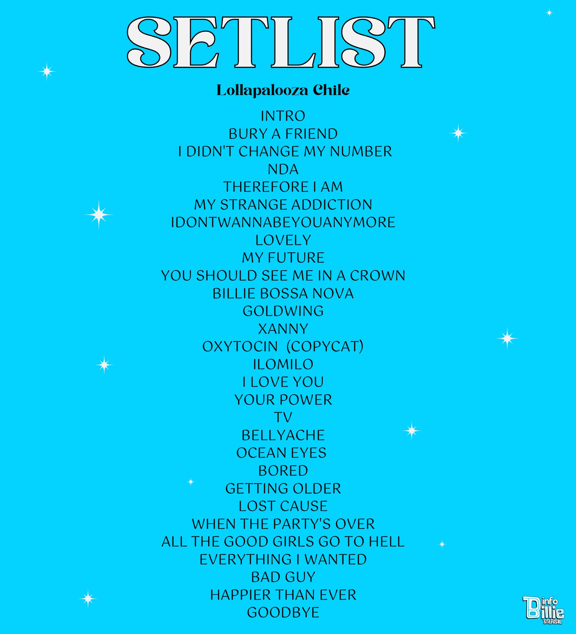 Info Billie Brasil on Twitter: "🚨 Confira a setlist do show de Billie Eilish no Lollapalooza Chile. A cantora deve apresentar as mesmas músicas no restante da turnê na América Latina. O