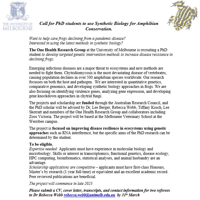 We are looking for a PhD student to develop innovative methods for combatting chytridiomycosis. Please share
<a href="/OneHealthRes/">One Health Research</a>