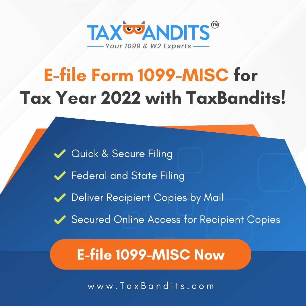 The deadline to e-file Form 1099-MISC and more is coming up at the end of the month!

Get started with TaxBandits today to meet your deadline. 

bit.ly/3oOvM6n 

#TaxBandits #form1099 #form1099MISC #1099Efilingdeadline #deadline