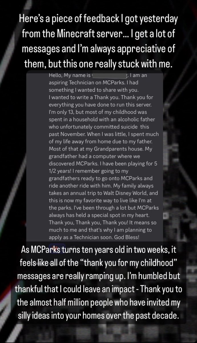 DarrenDHed's tweet photo. I’m incredibly proud of the community we’ve built over the past decade at @MinecraftParks. Looking forward to celebrating 10 years of MCParks next month. Screenshot from my IG story: https://t.co/RlhdCFRLFs
