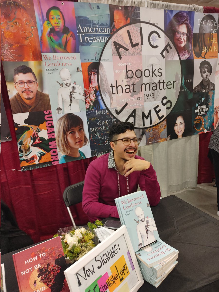 Everyone should be reading 
WE BORROWED GENTLENESS by @EstanislaoPoet from @AliceJamesBooks 
(He hates pics of himself, but I snapped this JOY at AWP 2023. Xoxo!)