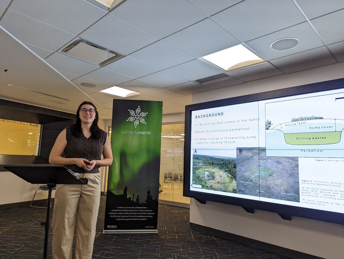 UAlbertaNorth's tweet photo. Michelle Landry presents her Master's research @UofA_EAS: "Permafrost integrity and remediation potential of drilling-waste sumps in the Sahtu Region of the Central Mackenzie Valley, NWT"

#NRD2023 https://t.co/I9jXIT3fPB